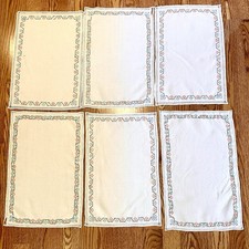 VTG  Embroidered Linen Placemats Set of 6 White w/ Floral Border Cutwork 11x17” picture