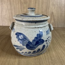Gray Blue Covered Handled Canister Crock Vtg 1990 Signed Bird MFA Boston picture