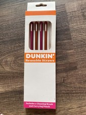 NIB 4 Dunkin Donuts Reusable Metal Straws  Cleaning Brush Pouch  Rare picture