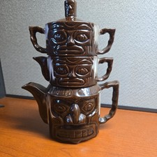Vintage Stacking Tiki Tea Set Glazed Pottery Teapot Creamer Sugar Bowl picture