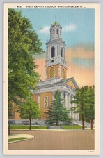 Winston-Salem NC First Baptist Church Linen Postcard c1940s Asheville PC picture