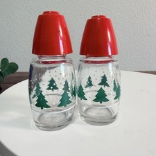 Vintage Gemco Red & Green Trees Christmas salt and pepper shakers Glass Set picture