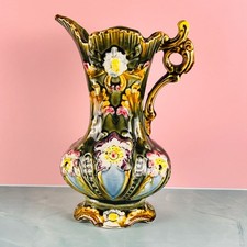 Antique Majolica Pitcher, Floral Relief, Green Gold Glaze, Mold 930 picture