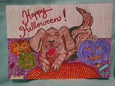 Vintage Style Halloween Greeting Card - Cute Dog w/ Purple Pumpkin - Handmade picture