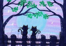 Tambra ACEO Original Art Painting Silhouette Black Cats Night Moon Trees Stars picture