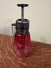 Antique Vintage Victorian Cranberry Glass Aerosol Etched Floral Perfume Bottle picture