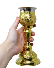 Ornate Embossed High Polished Brass Chalice Cup and Paten Set for Catholic Mass picture