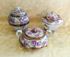 (3) Antique Nippon Porcelain Moriage Hand Painted Rose Gold Gilt Lided Jars Pots picture