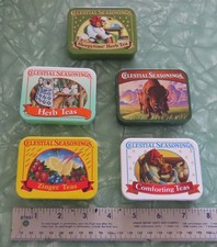 Vintage Celestial Seasonings Tea Tin Lot of 5 Mini Metal Advertising Tins 2002 picture
