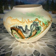 Vtg Nemadji Indian Clay Pottery Native American Handmade Orange Green Swirl picture