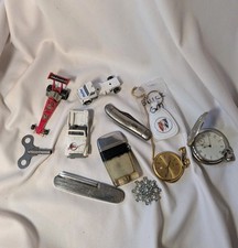 Vintage Junk Drawer Lot, Pocket Watches, Knives, Clock Key, Lighter, Cars picture