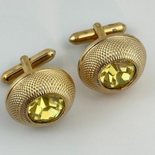 Vtg Gold Tone Oval Cufflinks Yellow Faceted Stone Textured Retro Style picture