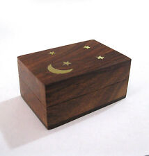 Small Moon & Stars Wooden Wood Trinket Pill Box Brass Accents 3
