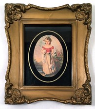 Vintage Frame Art Print Lithograph Girl With Kitten 