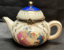 Porcelain Hinged Trinket Jewelry Trinket Box Teapot Blue Accents & Gold Trim picture