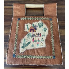 Vintage ‘60s-‘70s Handmade Ugandan Folk Art Barkcloth Raffia Cane Handle Handbag picture