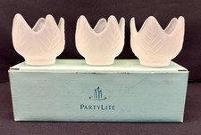 Partylite Frosted Lotus Blossom Tealight Holders Set of 3 Glass, Boxed, Retired picture