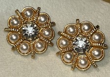 Vintage Gold Tone Faux Pearl Glass Crystal Shank Buttons Pair Of Two 1.25” 60’s picture