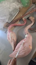 DEFECTIVE Vtg Iconic Kitschy Flock 3 Concrete Cast Flamingos 50s Yard Sc G3D picture