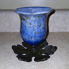 Antique Art Metal Works Glass Partylite Vade Nouveau Spelter Leaf Base Signed picture