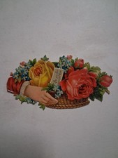 1880s-90s Victorian FLORAL Hand Basket EMBOSSED DIE CUT 2x4 Ephemera picture