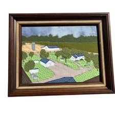 VTG Stitched Quilted Framed Farm Art Mullinville, KS 1977 w Providence 16x20