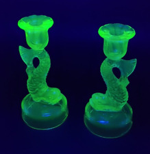 Pair Green Vaseline Uranium Glass Koi Fish Dolphin candle holders 1930s picture