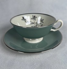 Vintage Kingsley By Lenox China Footed Tea Cup & Saucer X-445 Flowers Teal USA picture