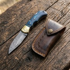 Damascus Folding Pocket Knife Blue Pakkawood Handle Brass Bolster Leather Sheath picture