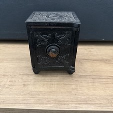 Vintage Cast Iron Safe Bank Moon & Stars Miniature Coin Bank Ornate Door picture