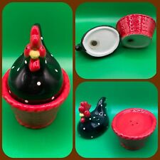 Nesting Rooster Chicken Hen Salt Pepper Shaker with Stoppers Red Country Kitchen picture