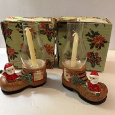 2 Vtg Napco Santa Boot X-5564 Small Candle Holder, Lamp with Hurricane Glass picture