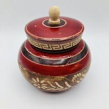 Hand Carved Etched Wood Round Red Lacquered Trinket Stash Box Mexico folk Art** picture