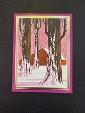 1 VTG  Xmas Greeting Card in Style Of Eyvind Earle, Tree Trunks in Snow Red Barn picture