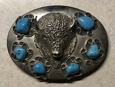 Vintage Buffalo Head Silver Belt Buckle With Turquoise picture