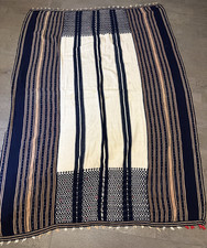 Vintage BLANKET Handwoven Cotton Textile Indigo Dyed Fringed Lao Thai 4'x7' Loom picture