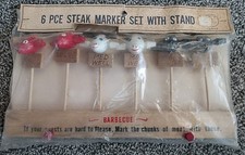Vintage 6-piece Wooden Steak Marker Set W Stand Made In Japan Sealed New picture