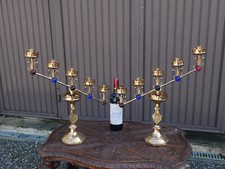 PAIR antique church brass Candelabras color stones religious set rare picture