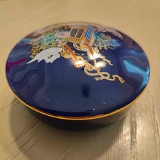 Vintage Cobalt Blue Japanese Katani Flower Cart Rickshaw Porcelain Trinket Box picture