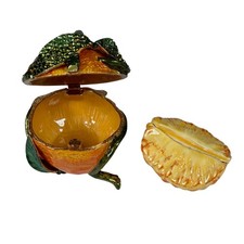 Rucinni Enamel Orange Fruit Citrus Hinged Rhinestone Trinket Box Pill Box picture