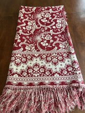 Vintage Red & Ivory Woven Jacard Tablecloth Reversible Farmhouse Floral Folk Art picture