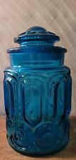 Vintage LE Smith Glass MOON AND STARS 9.5” BLUE Medium Canister Jar W/Lid picture