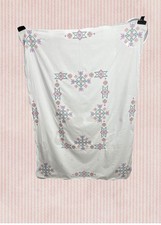 Vtg Hand Emroidered Cross Stitch Tablecloth (47x66) Star Tulip Pastel Rectangle picture