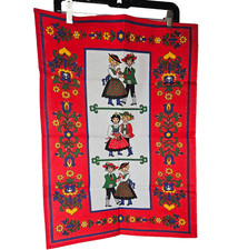 Vintage Folk Art Kitchen Towel Scandinavian Dutch Floral Red Cotton picture