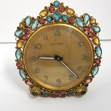 Vtg Original by Robert Cyma Swiss Windup Alarm Clock Jeweled Rhinestones ~ Works picture