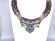 Vintage Nepalese Tibetan Turquoise Lapis Gemstone Beaded Pendant Bib Necklace #5 picture
