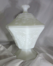 Vintage Milk Glass Covered Candy Dish Grape Vine Pedestal Compote picture