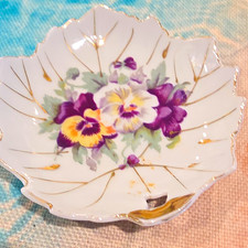 Vintage Leaf Shaped Porcelain Trinket Dish Hand Painted Pansies Gold Trim Japan picture