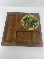 Ernest John Walnut Tile Cheese Board Tray MCM Vintage picture