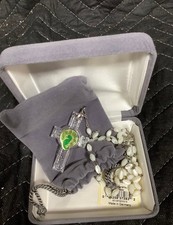 WATERFORD Crystal Celtic Cross with Mother of Pearl Beads Catholic Rosary Beads picture